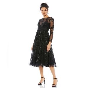 Mac Duggal 67951 EMBELLISHED ILLUSION LONG SLEEVE MIDI DRESS